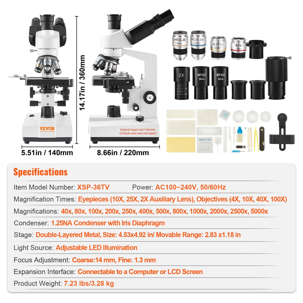 Vevor Compound Trinocular Microscope 40X-5000X Magnification LED Illumination New