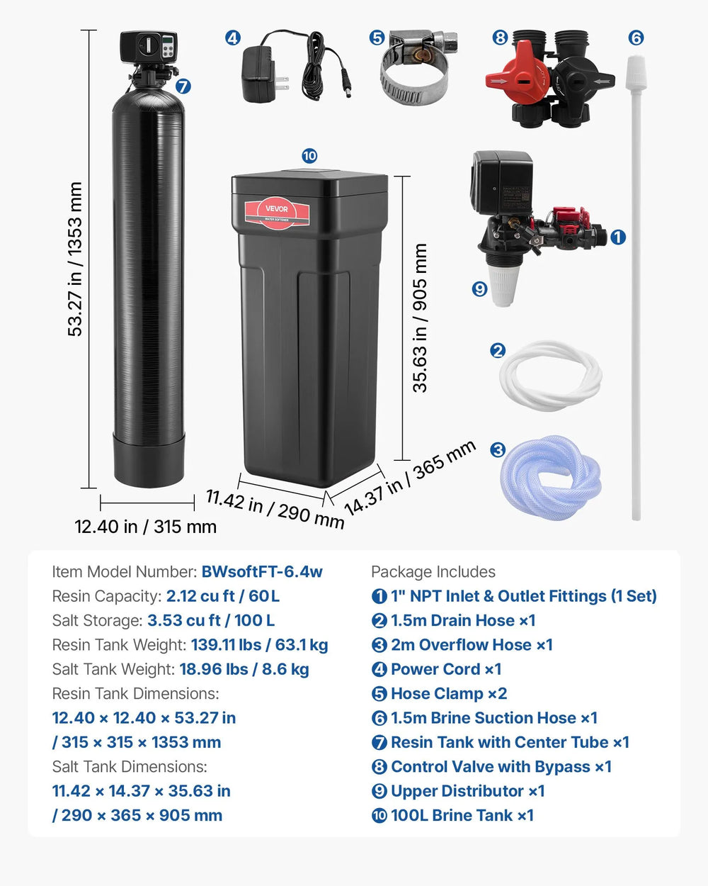 Vevor Water Softener Whole House System 64,000 Grains with Brine Tank 5-6 Bathrooms New