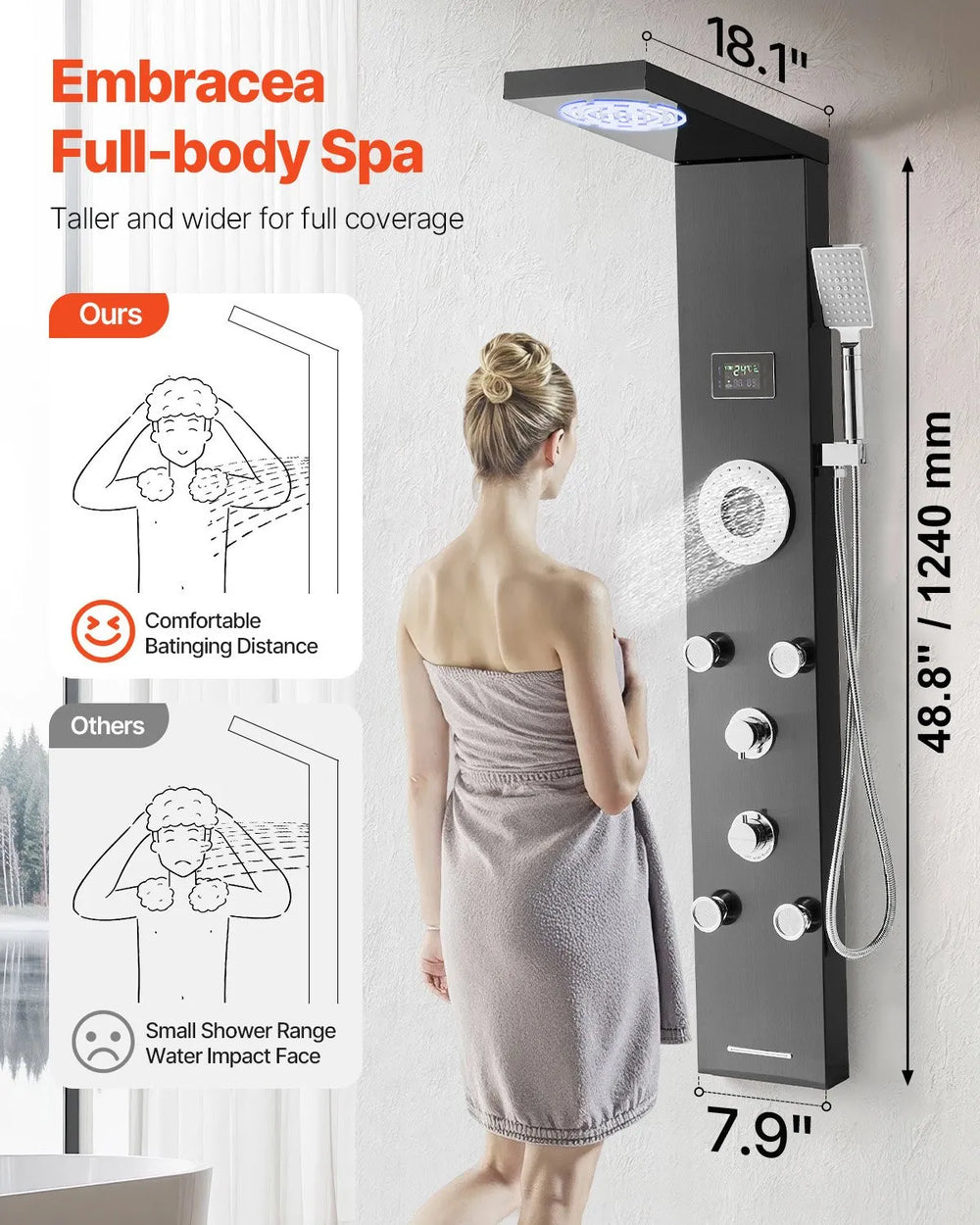 Vevor Shower Panel Tower System with Rainfall Head LED 53 in. 6-Function New