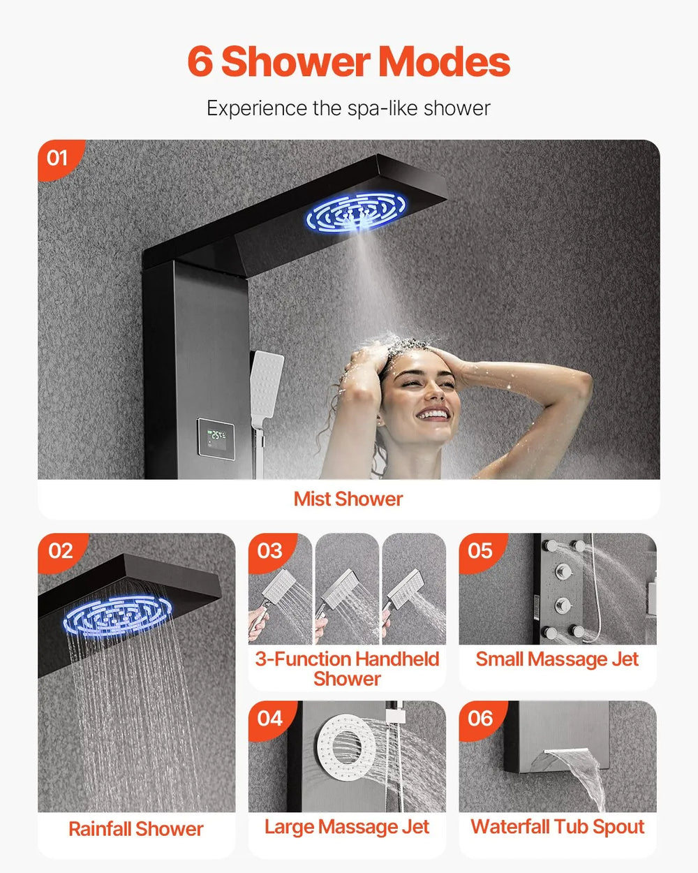 Vevor Shower Panel Tower System with Rainfall Head LED 53 in. 6-Function New