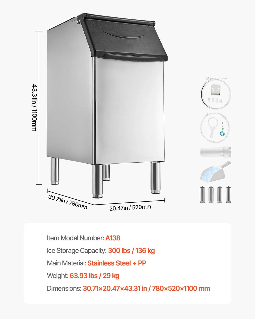 Vevor Commercial Ice Storage Bin 300 lbs Capacity Stainless Steel New
