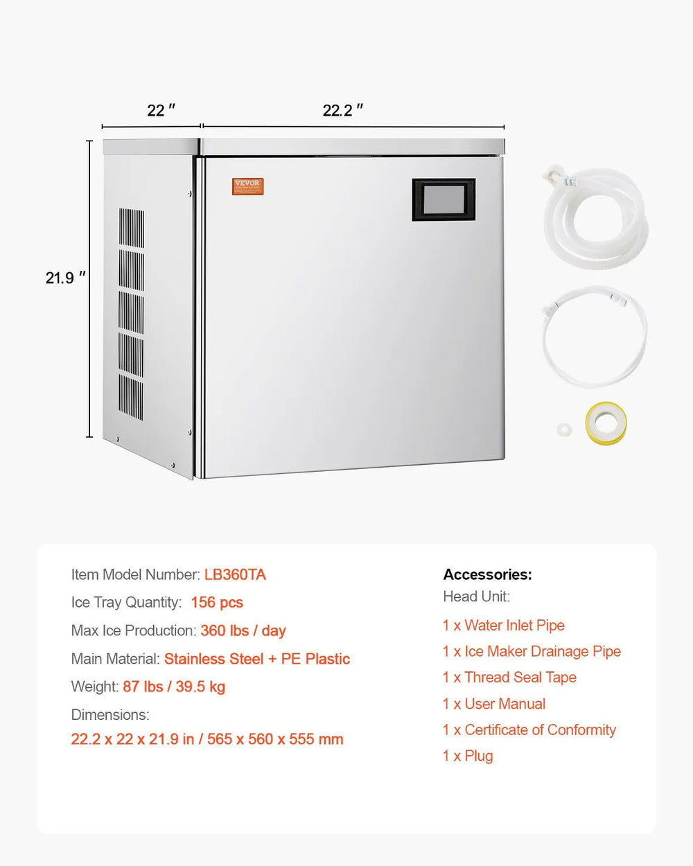 Vevor Head Unit for Commercial Ice Maker 360 Lbs/Day Self-Cleaning Scheduled Ice-Making New