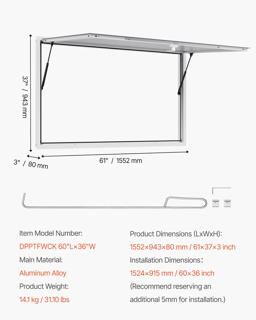 Vevor Concession Window 60" x 36" Aluminum Alloy with 85° Awning Door New