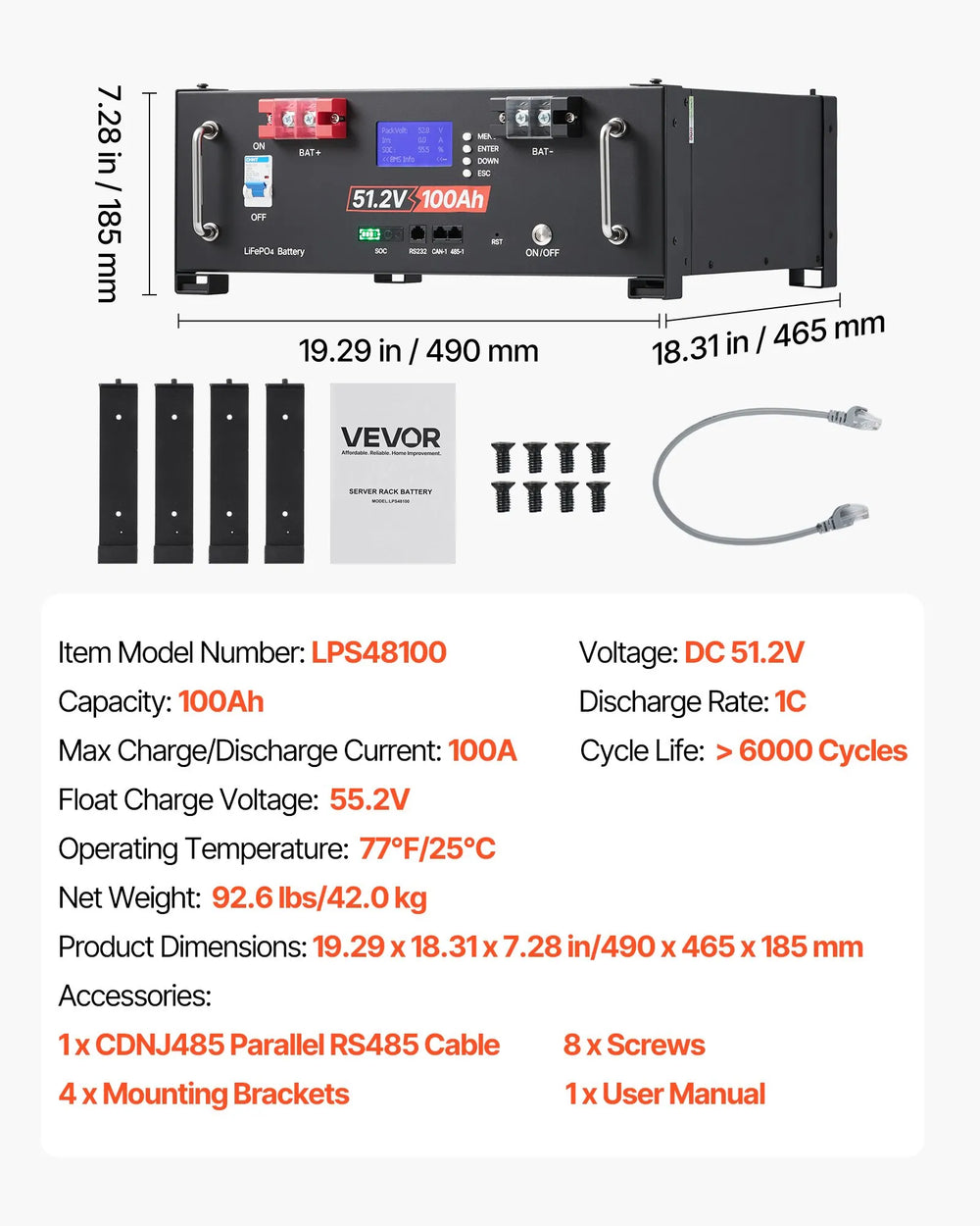 Vevor LiFePO4 Lithium Battery 51.2V 100Ah Built-in 100A BMS with Bluetooth New