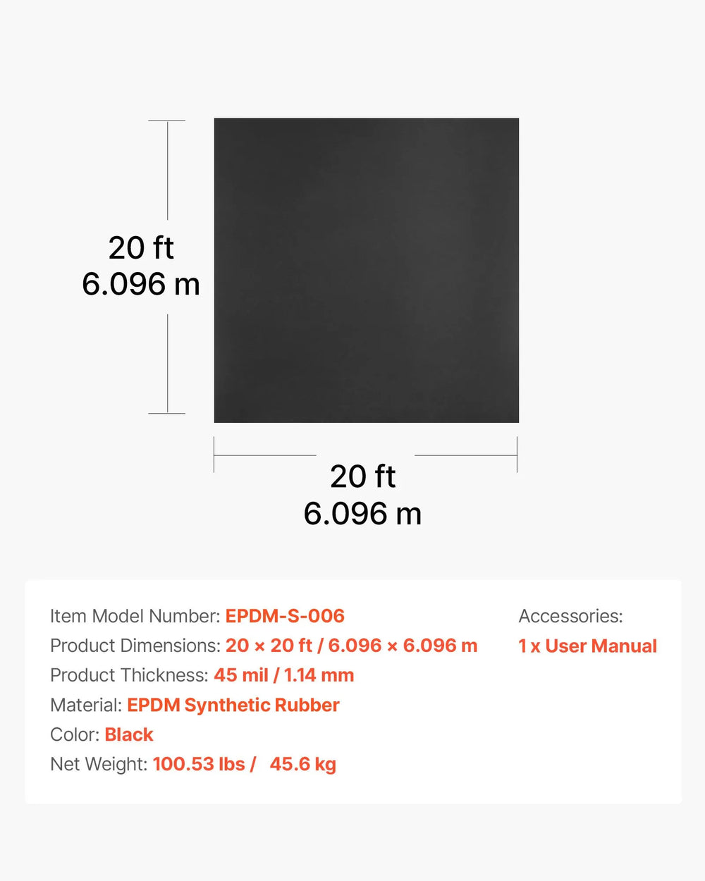 Vevor Roofing Roll  20 x 20 ft 45 mil EPDM Rubber Waterproof Membrane New