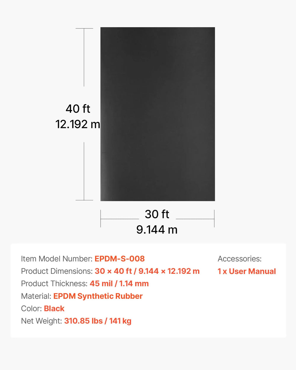 Vevor Roofing Roll Waterproof Membrane 45mil Thick 30 x 40 Ft. New