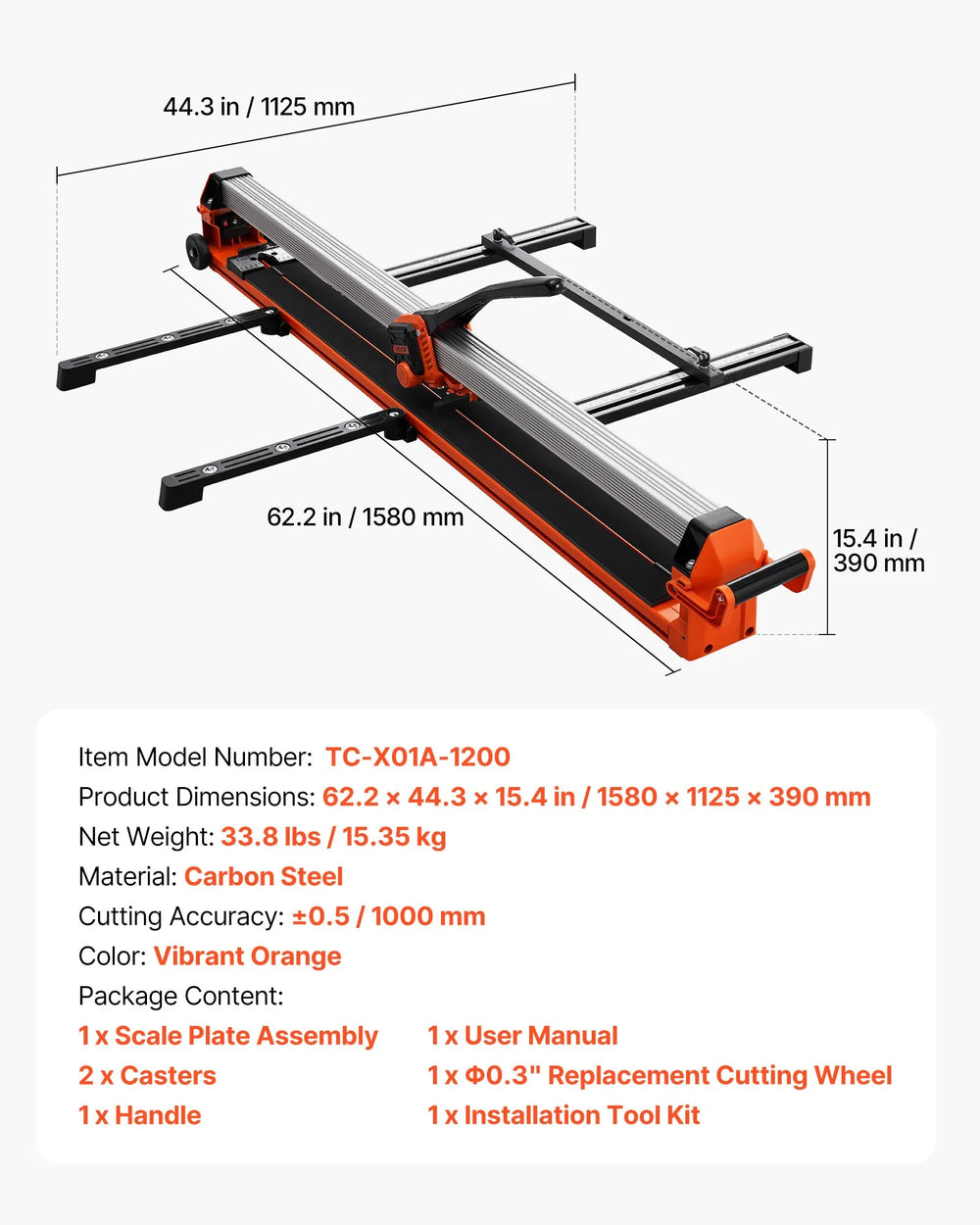 Vevor Manual Tile Cutter 47.2 in. with Precision Alignment Guide Swivel Wheels New