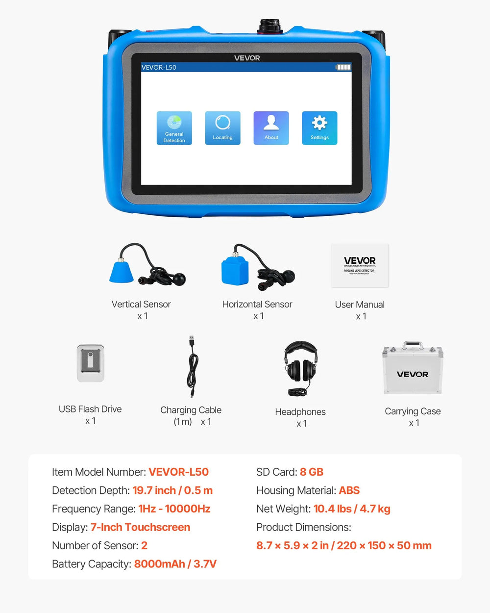 Vevor Pipe Water Leak Detector 1-10000Hz Frequency Range 1.6 ft Depth with Touchscreen New