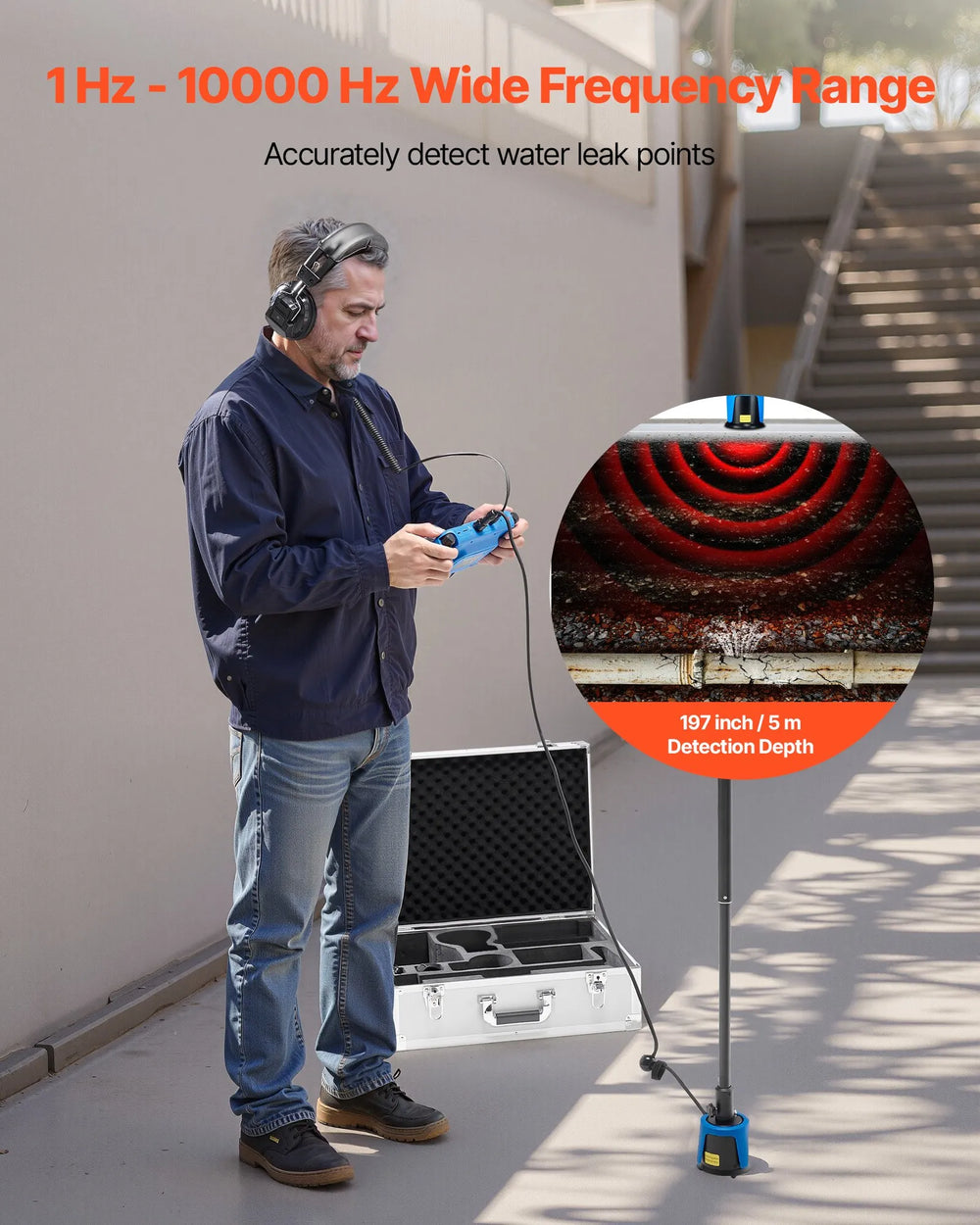 Vevor Pipe Water Leak Detector 1-10000Hz Frequency Range 16.4 ft Depth with 7" Touchscreen New