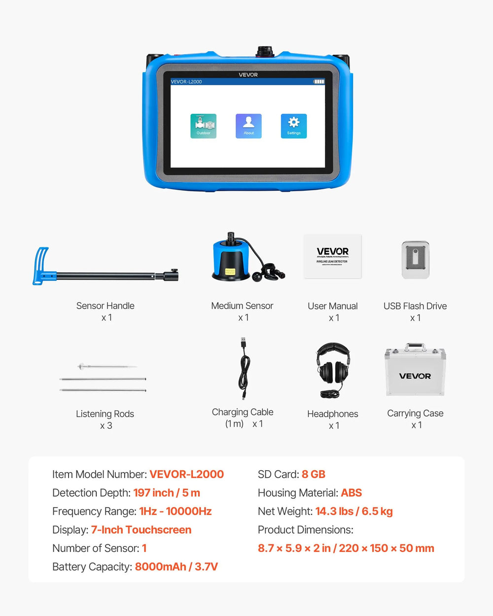 Vevor Pipe Water Leak Detector 1-10000Hz Frequency Range 16.4 ft Depth with 7" Touchscreen New