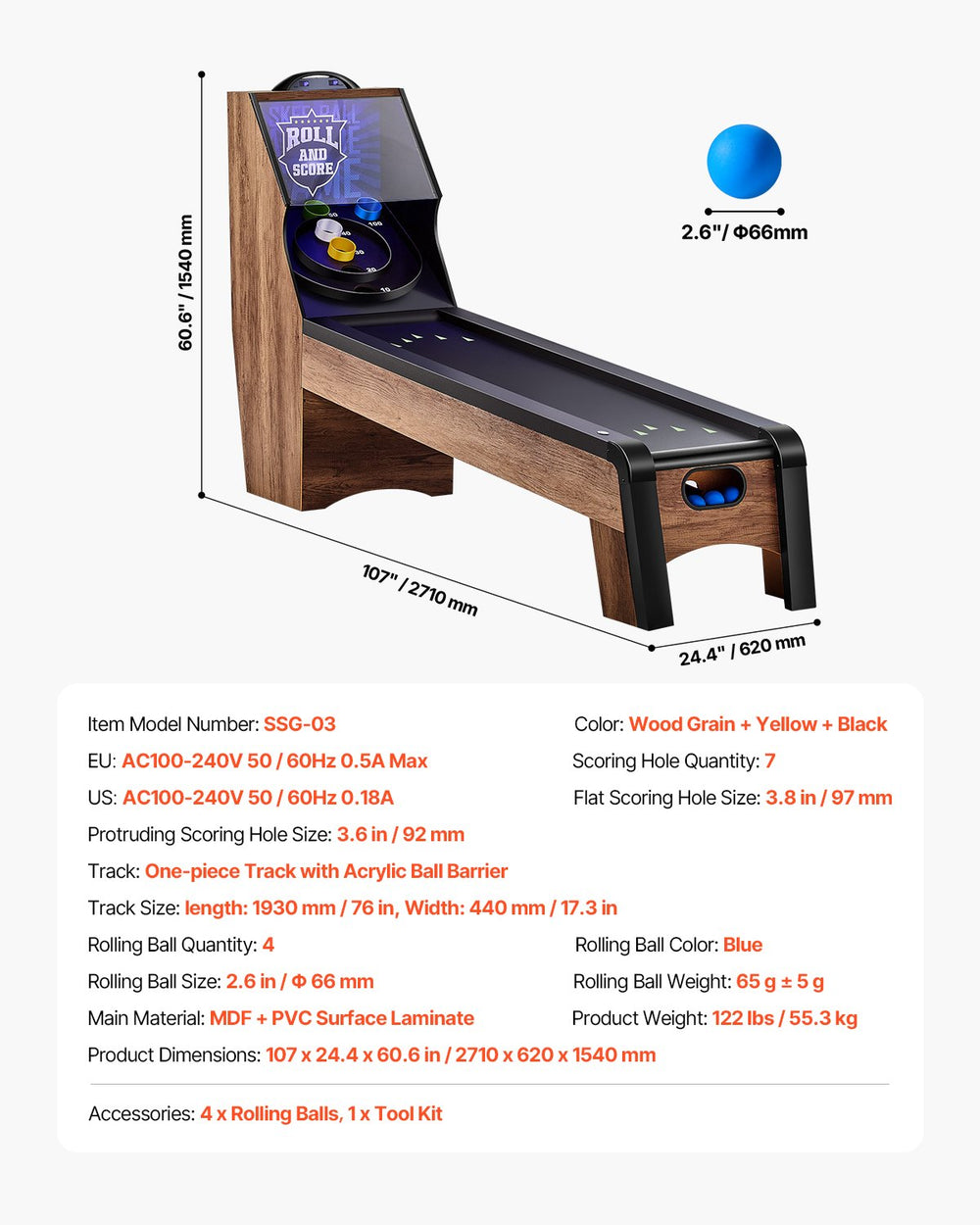 Vevor Roll & Score Arcade Game Table 9 Ft with LED Electronic Scorer New