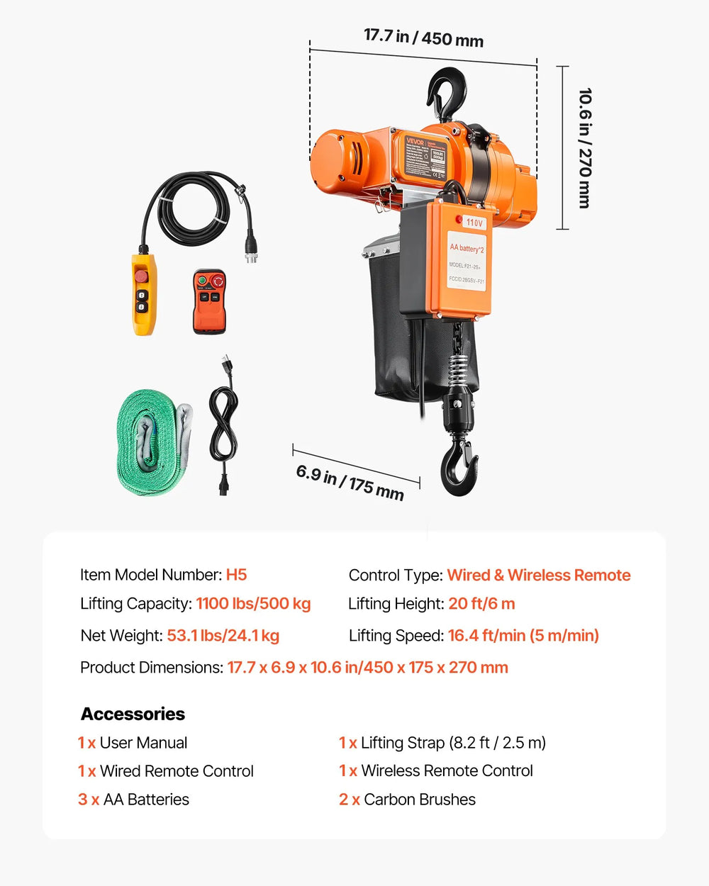 Vevor Electric Chain Hoist 1,100 lbs. 20 ft. Lifting Height with Wireless/Wired Remote Control 120V New