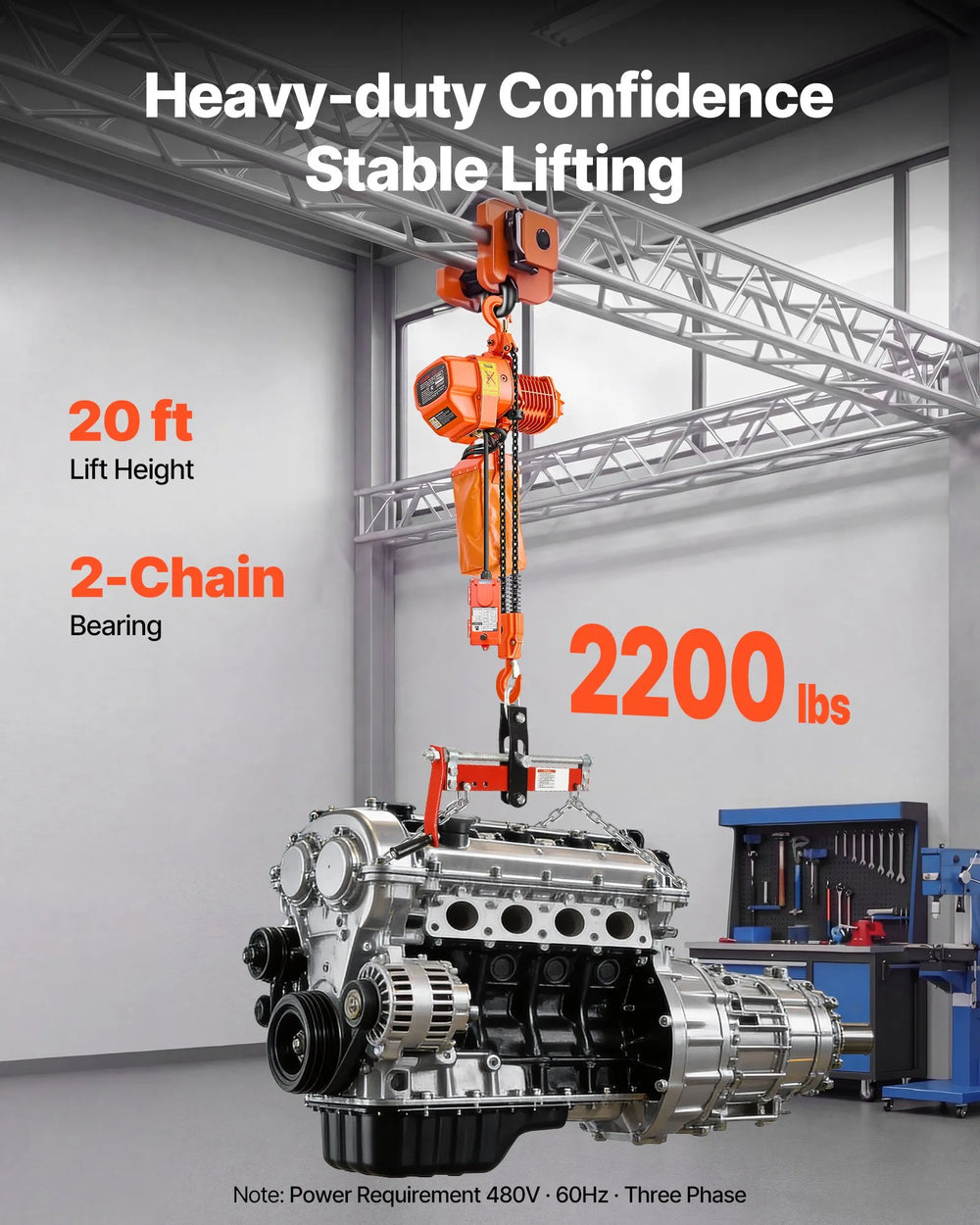 Vevor Electric Chain Hoist 2,200 lbs. 20 ft. Lift Height Wired/Wireless Remote Control 480V New