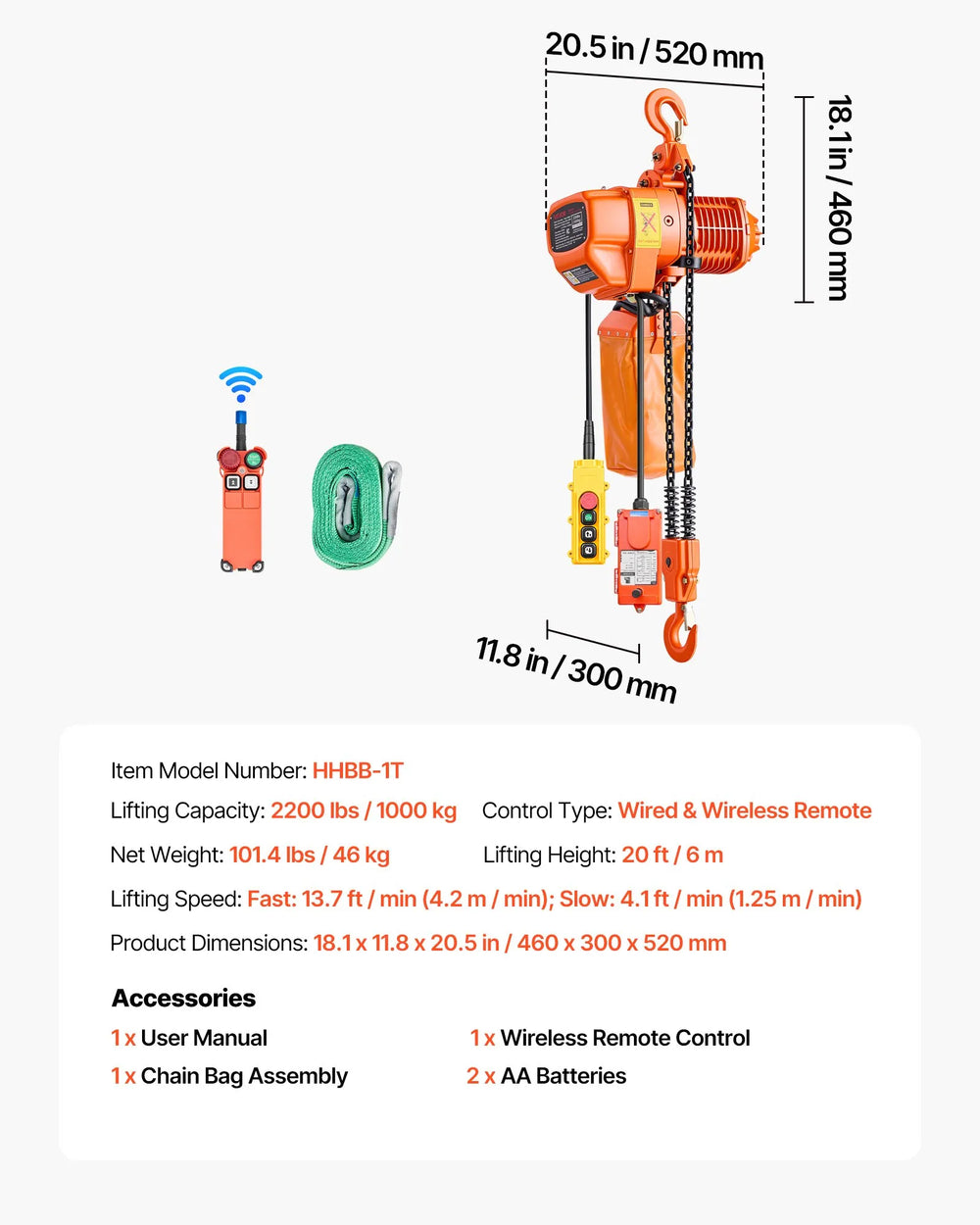 Vevor Electric Chain Hoist 2,200 lbs. 20 ft. Lift Height Wired/Wireless Remote Control 480V New