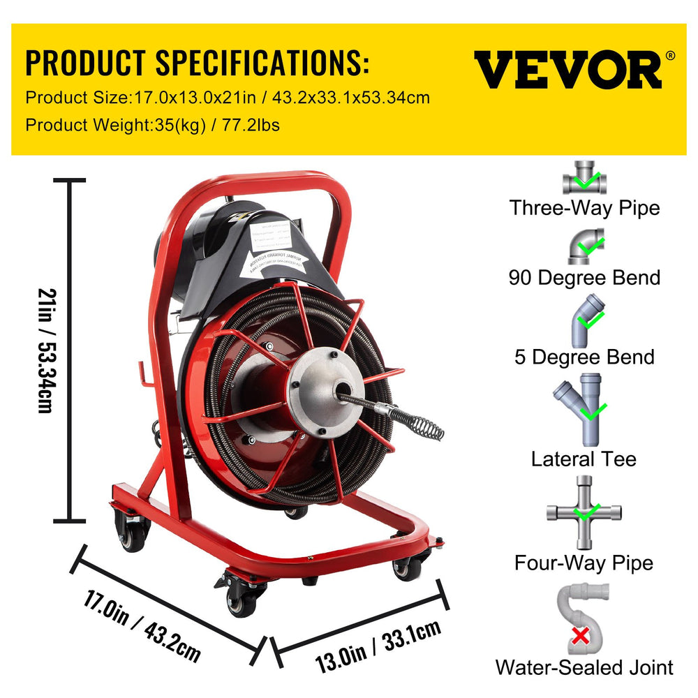 Vevor Electric Drain Auger 75' x 3/8" Steel Cable for 2"-4" Pipes 250W New