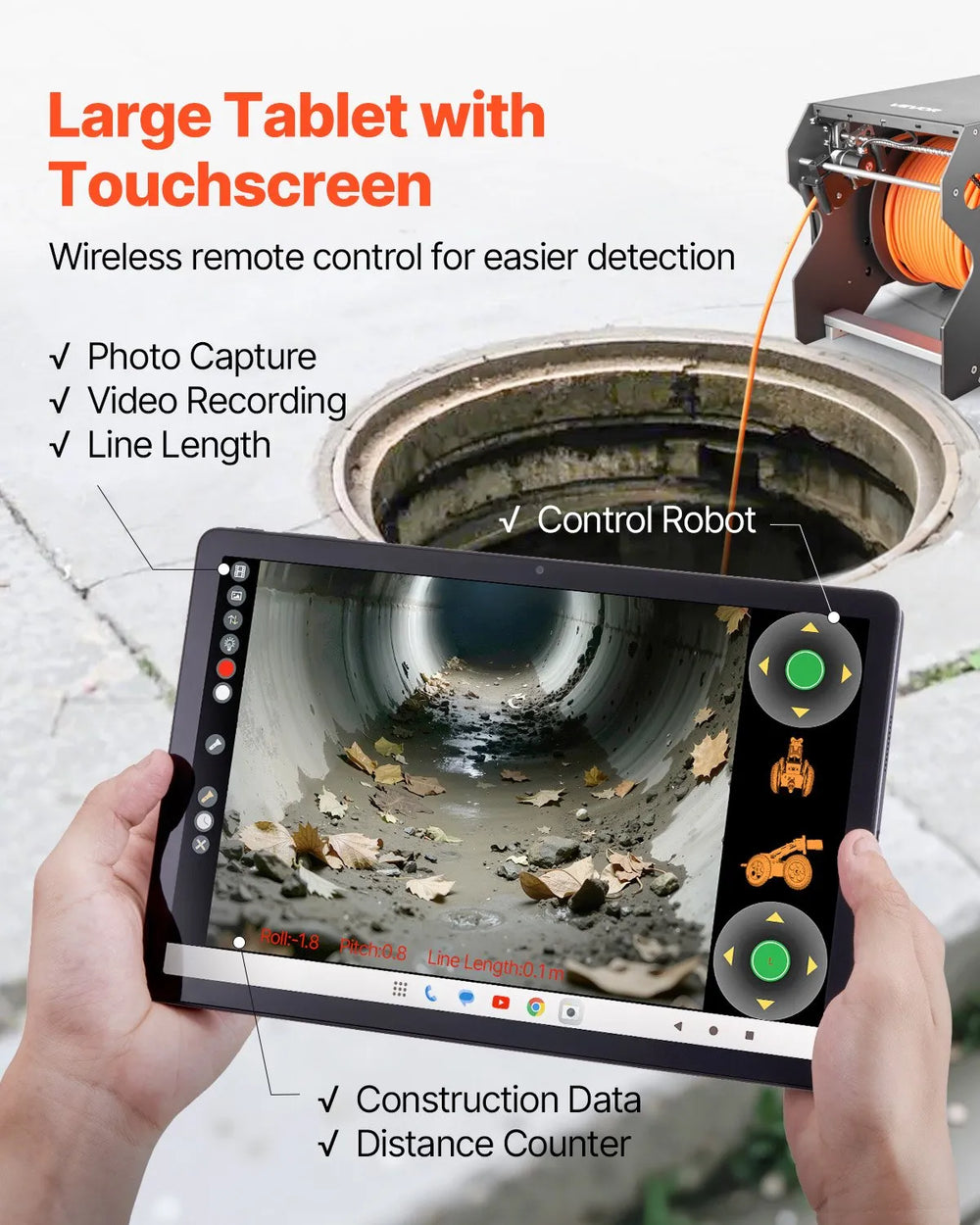 Vevor Sewer Pipe Inspection Robot 394 Ft Detection 2MP Cameras with Touchscreen Tablet New