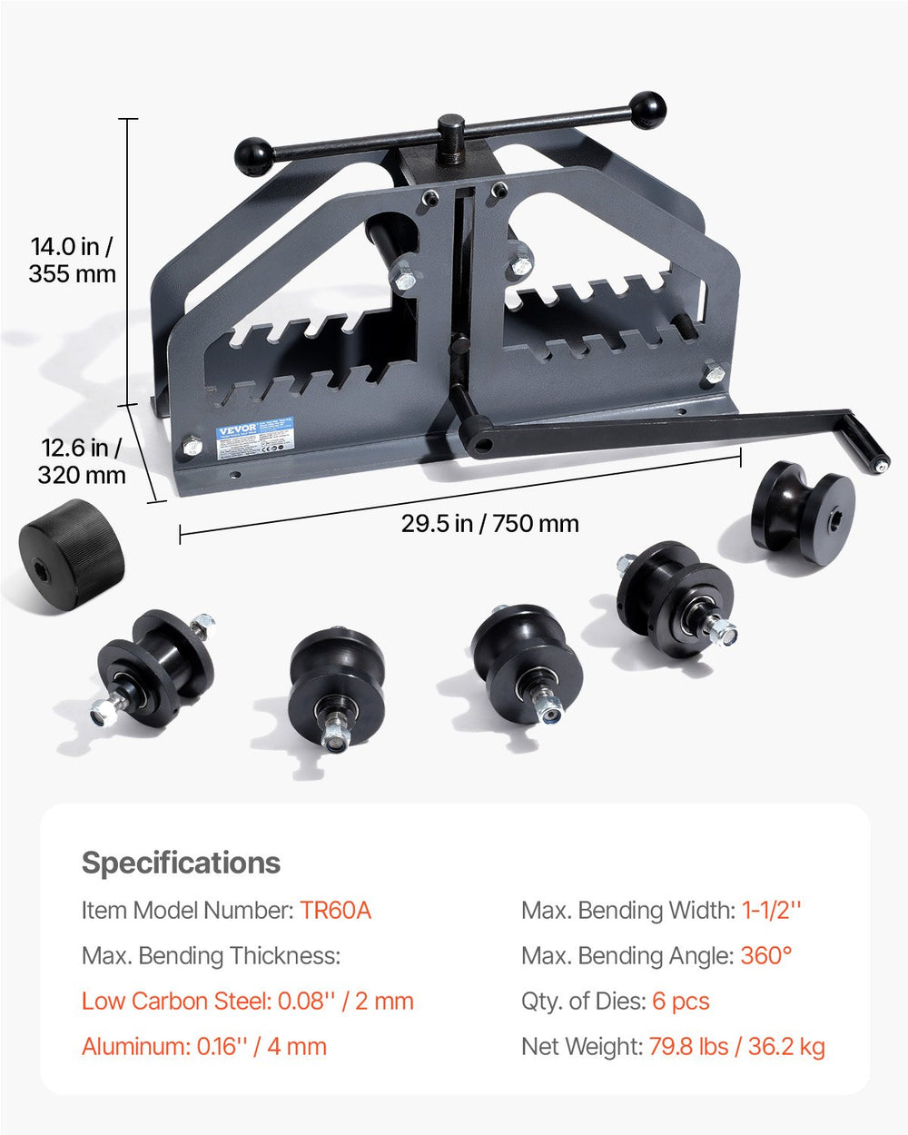 Vevor Tube Pipe Roller Bender Max 1-1/2" Manual with 6 Dies New