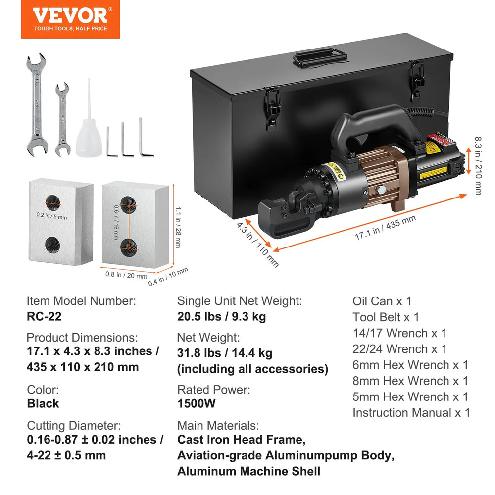 Vevor Electric Hydraulic Rebar Cutter with 4-22mm Cutting Range 1500W New