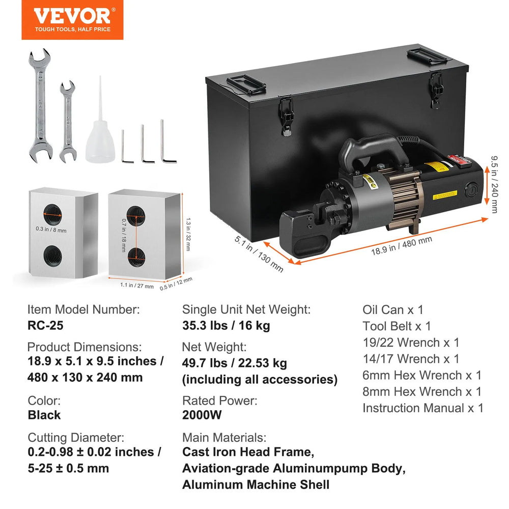 Vevor Electric Hydraulic Rebar Cutter with 5-25mm Cutting Range 2000W New