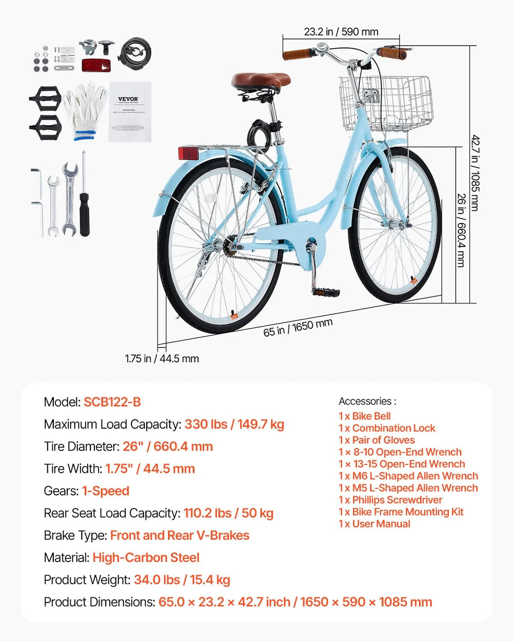 Vevor Cruiser Bicycle with Basket 1-Speed 26" Tires New