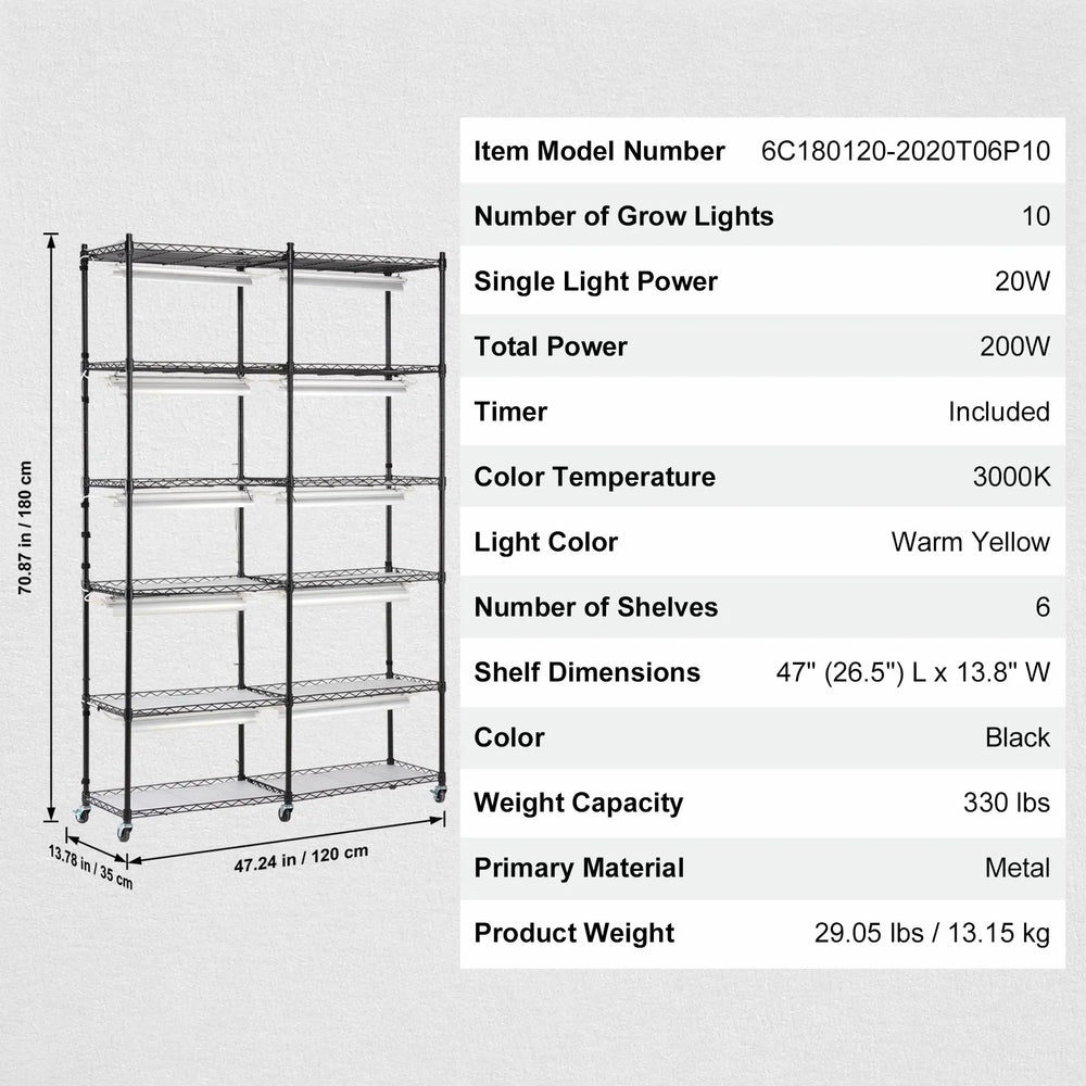 Vevor Plant Stand 6-Tier Shelf with 3000K 200W Full Spectrum Grow Light and Timer New
