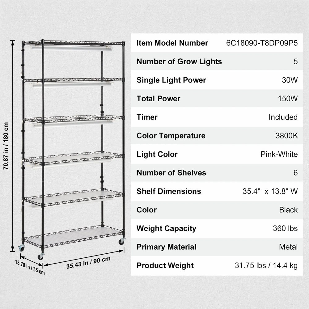 Vevor Plant Stand 6-Tier 71" Shelf with 150W Full Spectrum Grow Light and Timer New