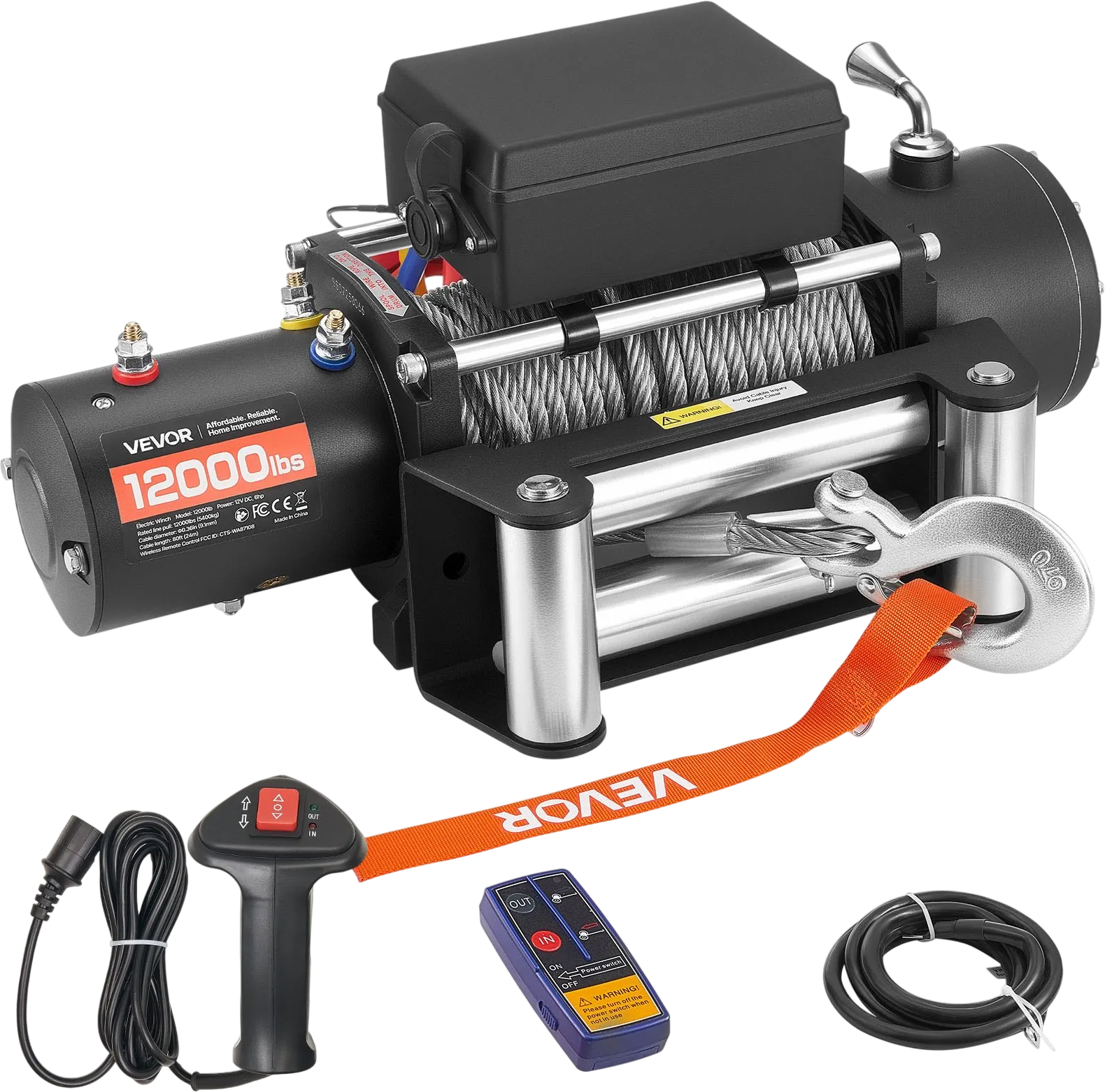 Vevor Electric Winch 12,000 lb. Load Capacity .36 in. x 80 ft. Steel Rope Remote Control 12V DC New