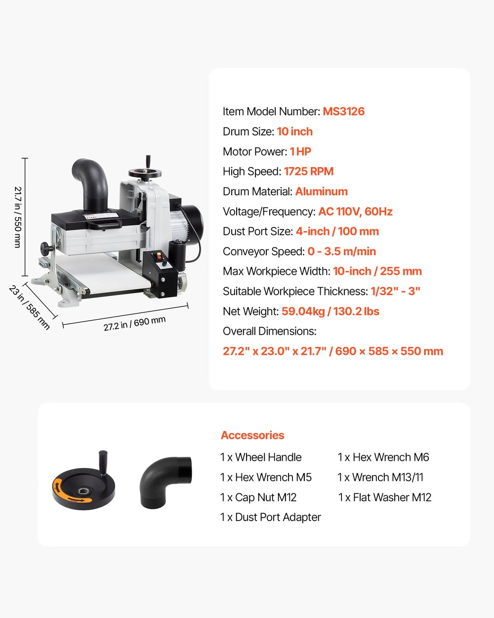 Vevor Benchtop Drum Sander 10" Dual Motor 1 HP 1725 RPM New