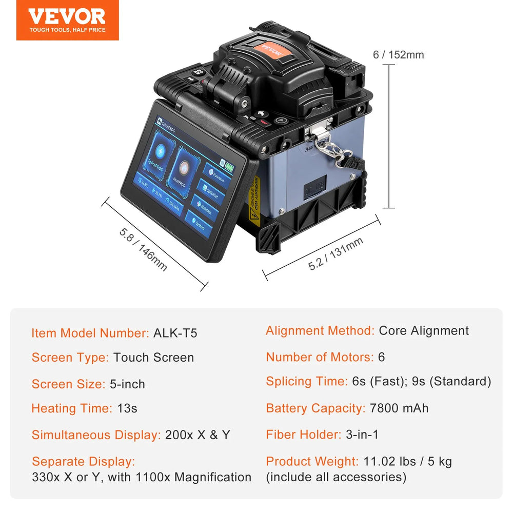 Vevor Fiber Fusion Splicer 6 Motors Core Alignment 6s Splicing 5" Touch Screen New