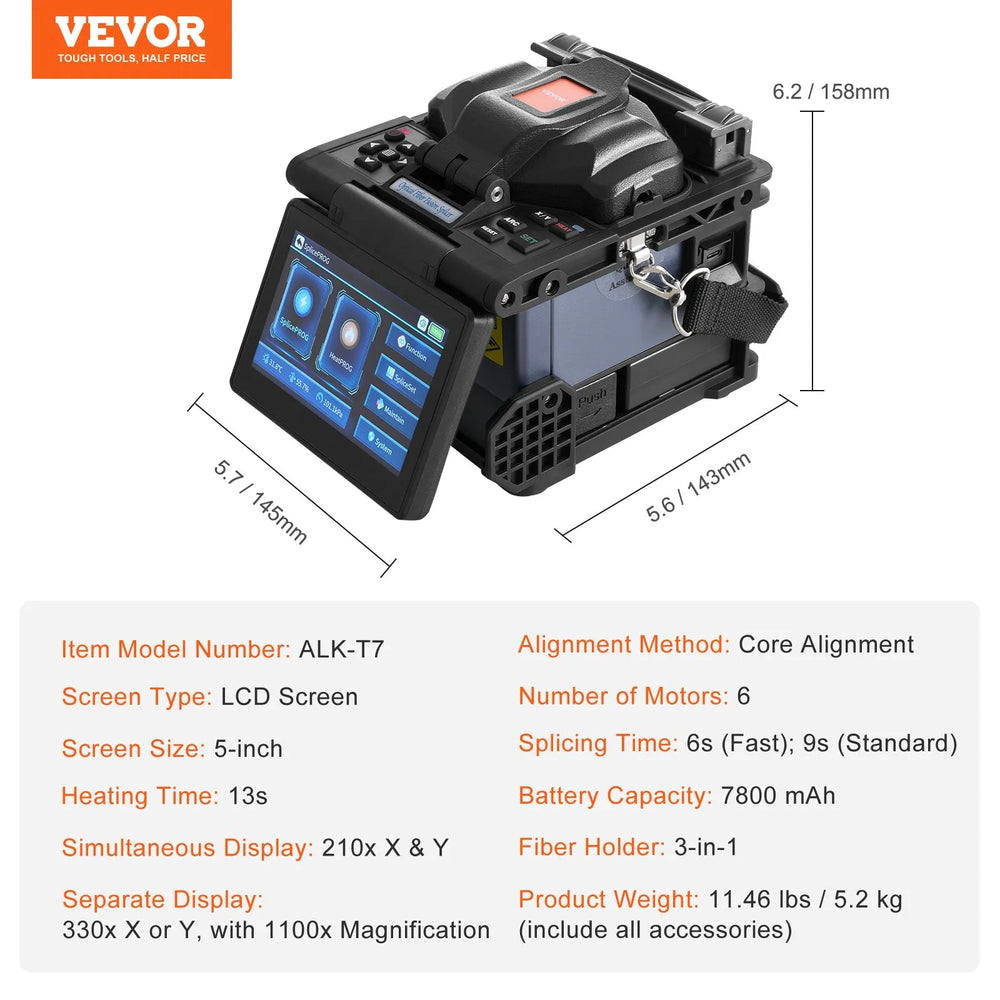 Vevor Fiber Fusion Splicer 6 Motors Core Alignment 6s Splicing 13s Heating New