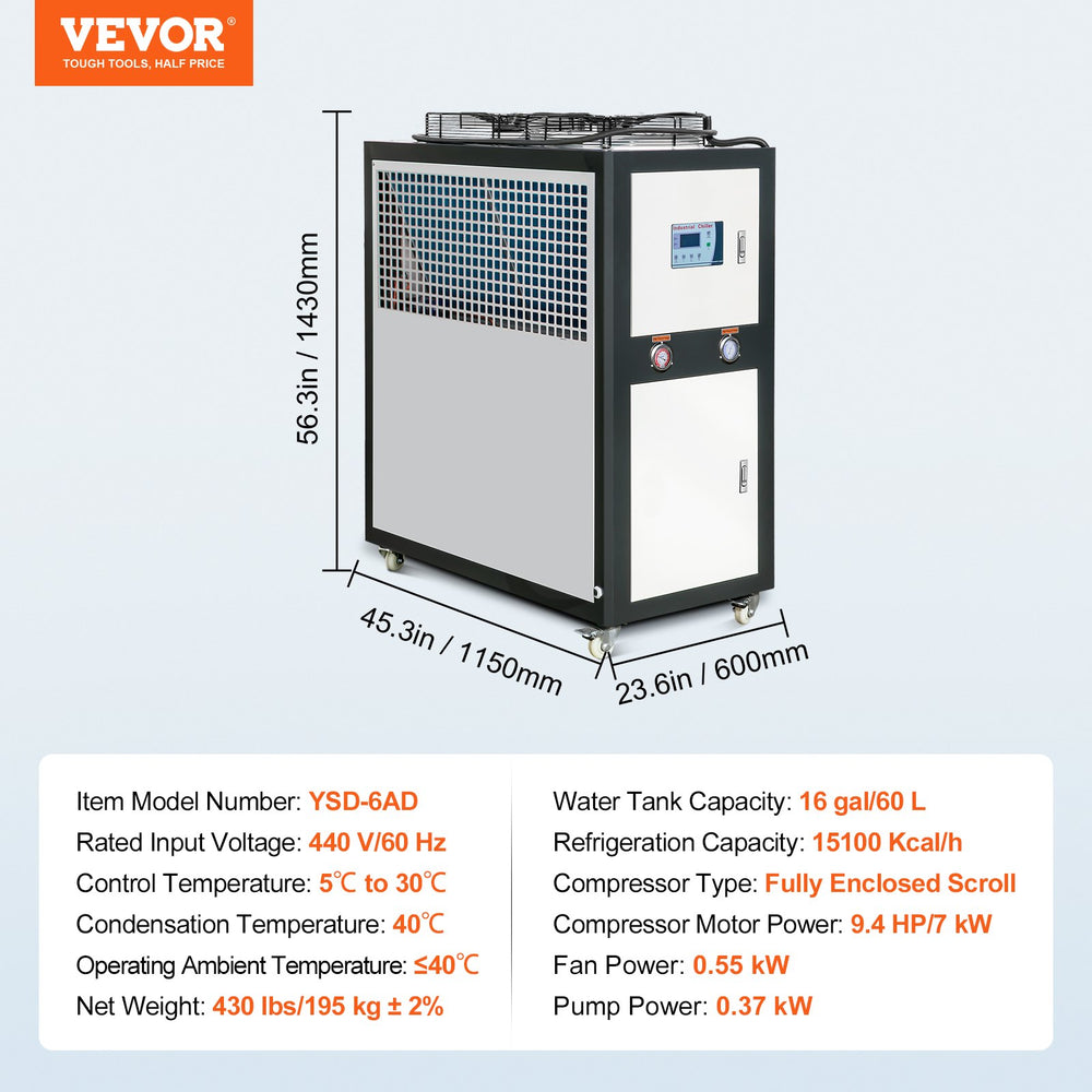 Vevor Industrial Water Chiller 9.4HP 16 Gal. Air-Cooled 15,100Kcal/hr Cooling Capacity 60L Tank New