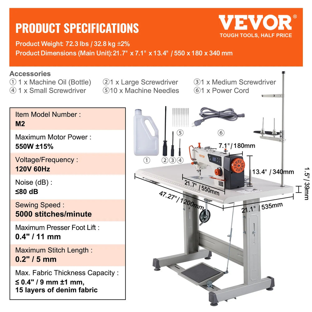 Vevor Industrial Sewing Machine with Table Stand 5000 SPM 550W 120V New