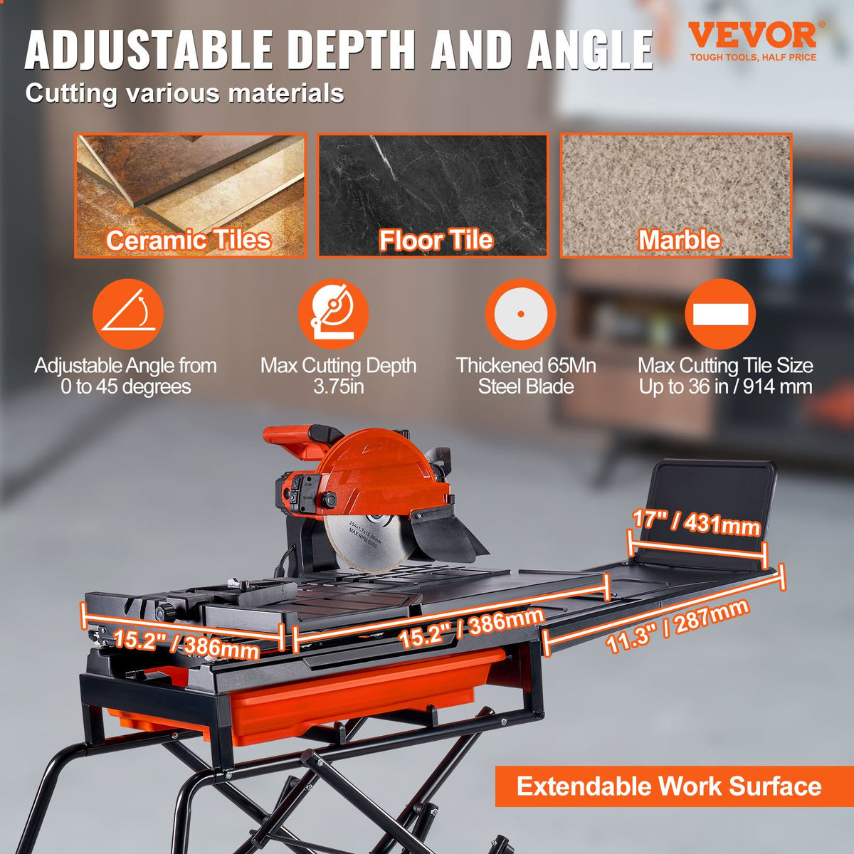 Dropship VEVOR Wet Tile Saw With Stand, 10-inch 65Mn Steel Blade, 4500