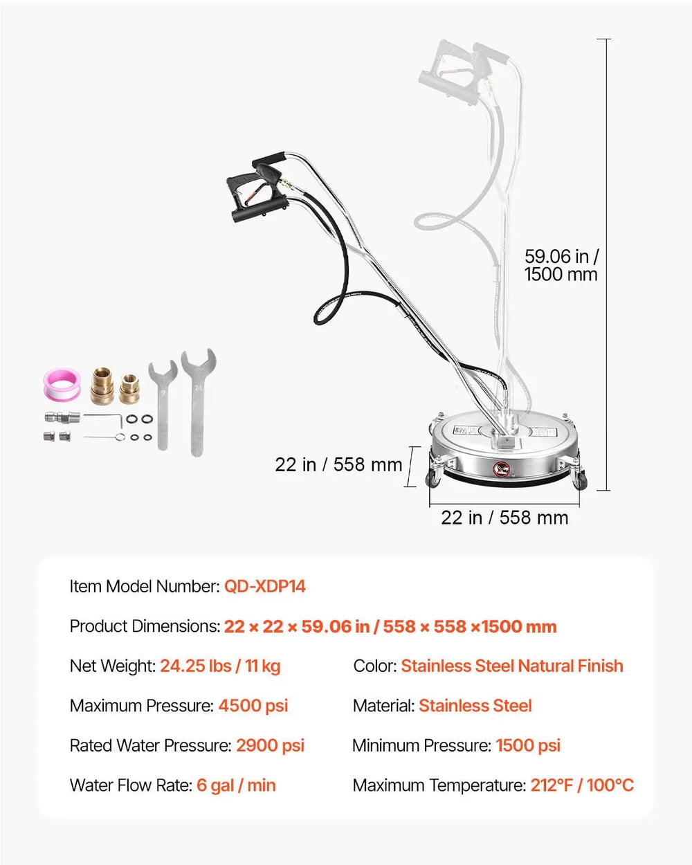 Vevor Pressure Washer Surface Cleaner 22" Dual Handle 4500 Max PSI New