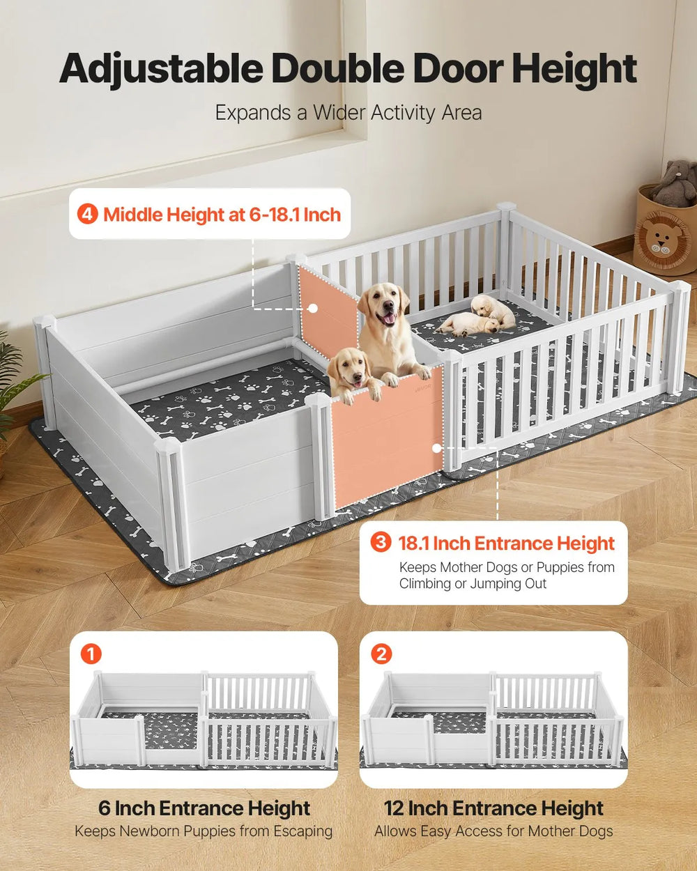 Vevor Puppy Playpen 2-Room Whelping Box with Height Adjustable Door Washable Pad New