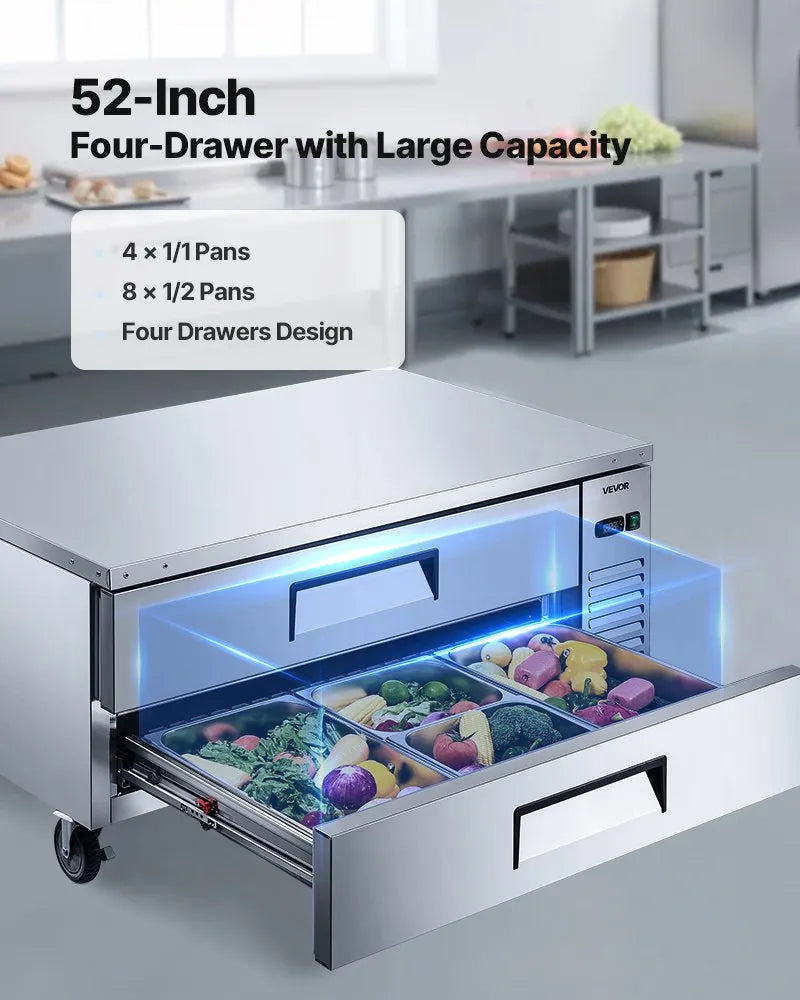 Vevor Chef Base Refrigerator 2-Drawer Undercounter 52" with 8 Pans New