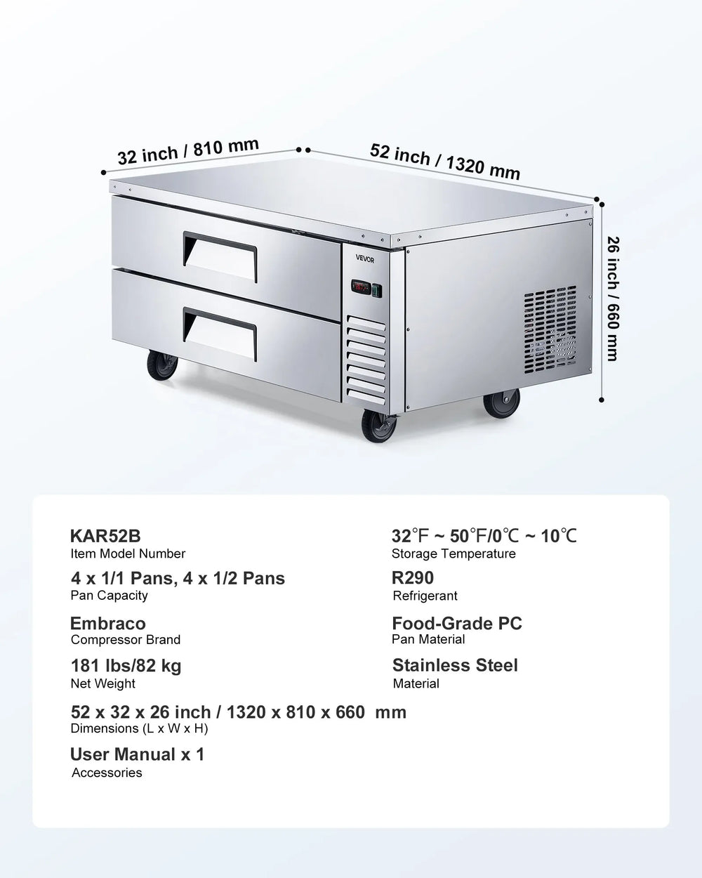 Vevor Chef Base Refrigerator 2-Drawer Undercounter 52" with 8 Pans New