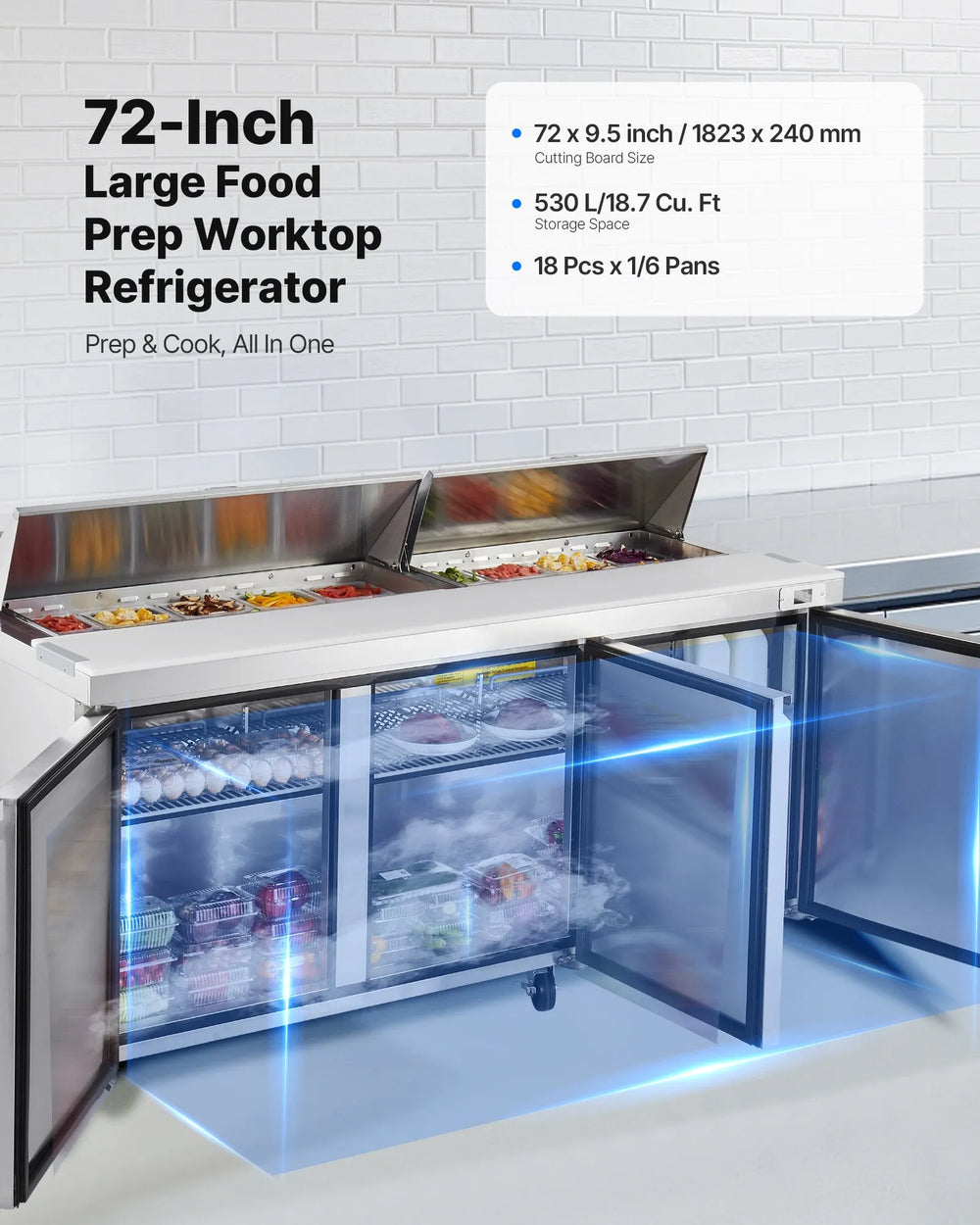 Vevor Commercial Refrigerator Prep Table 18.7 Cu. Ft with 18 Pans and Cutting Board New