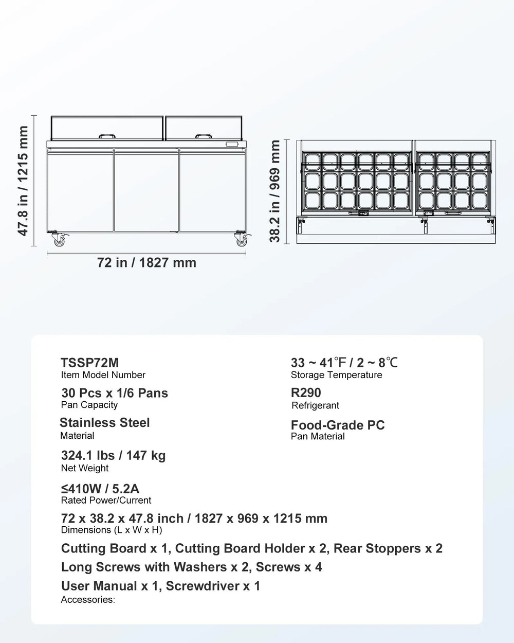Vevor Refrigerator Prep Table 18.7 Cu. Ft with 30 Pans 72" Cutting Board New