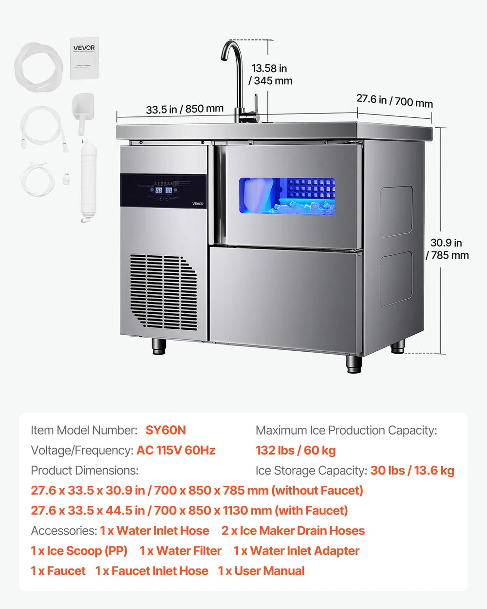 Vevor Commercial Ice Maker with Sink 132 lbs/Day 30 lbs Storage Bin Self-Cleaning New