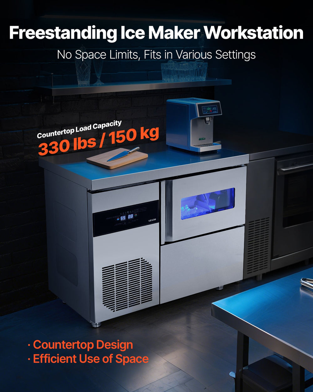 Vevor Commercial Ice Maker with Worktop 132 lbs/Day 30 lbs Storage Bin Self-Cleaning New