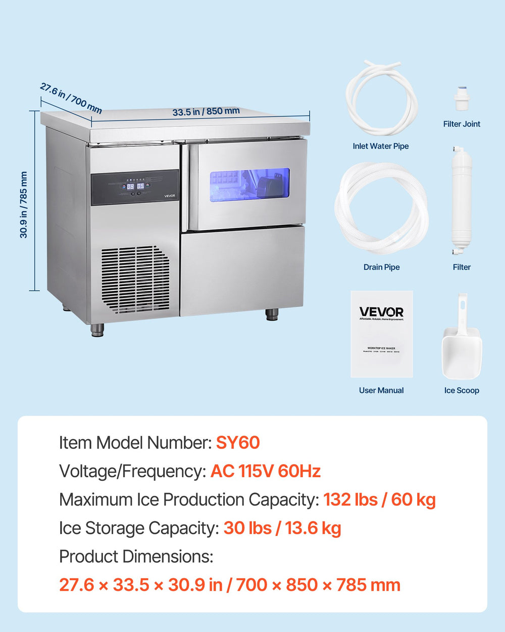 Vevor Commercial Ice Maker with Worktop 132 lbs/Day 30 lbs Storage Bin Self-Cleaning New