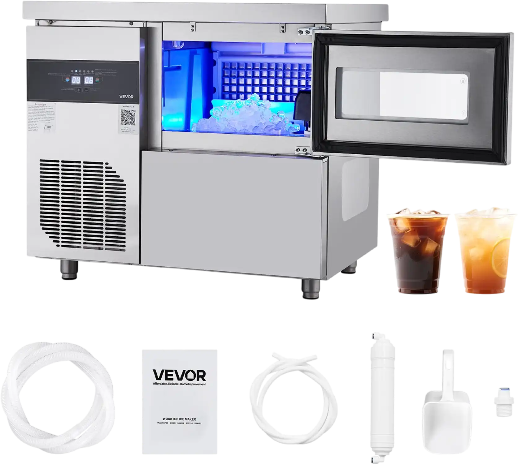 Vevor Commercial Ice Maker with Worktop 132 lbs/Day 30 lbs Storage Bin Self-Cleaning New