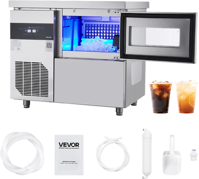 Vevor Commercial Ice Maker with Worktop 132 lbs/Day 30 lbs Storage Bin Self-Cleaning New