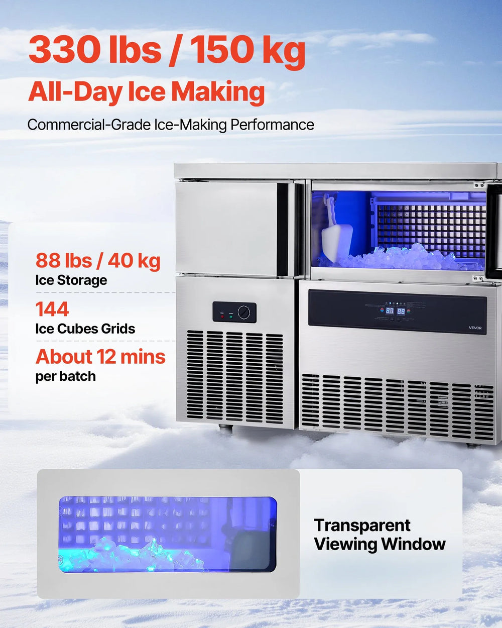 Vevor Commercial Ice Maker with Worktop 330 lbs/Day 88 lbs Storage New