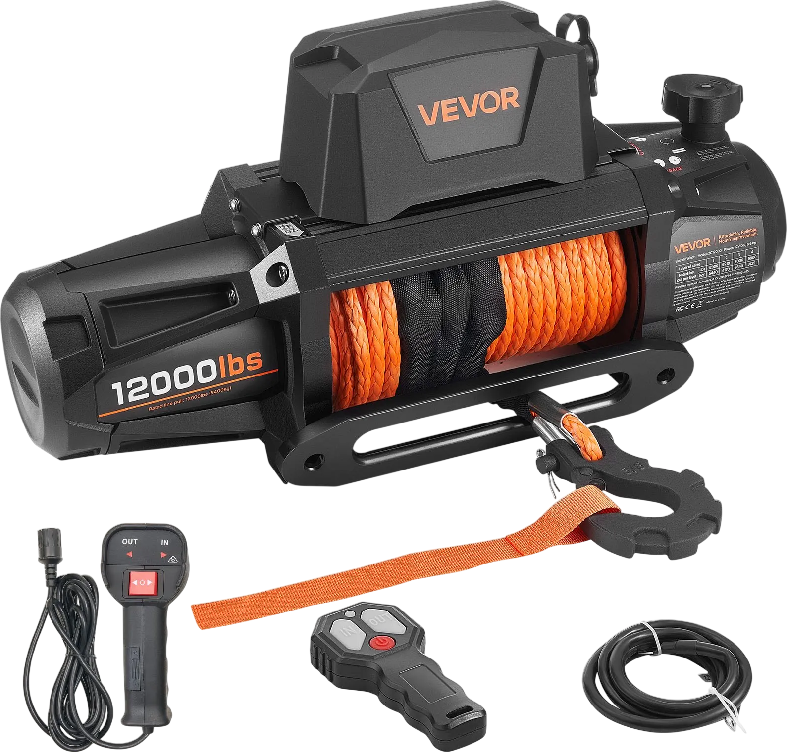 Vevor Electric Winch 12,000 lbs Load Capacity 92 ft. Synthetic Rope Remote Control 12V DC New
