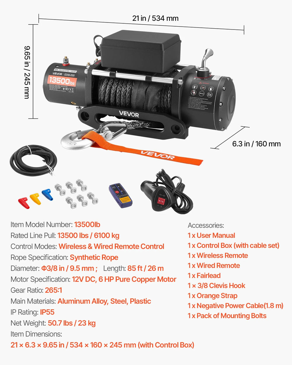 Vevor Electric Winch 13,500 lb. Load Capacity 3/8 in. x 85 ft. Synthetic Rope Remote Control New