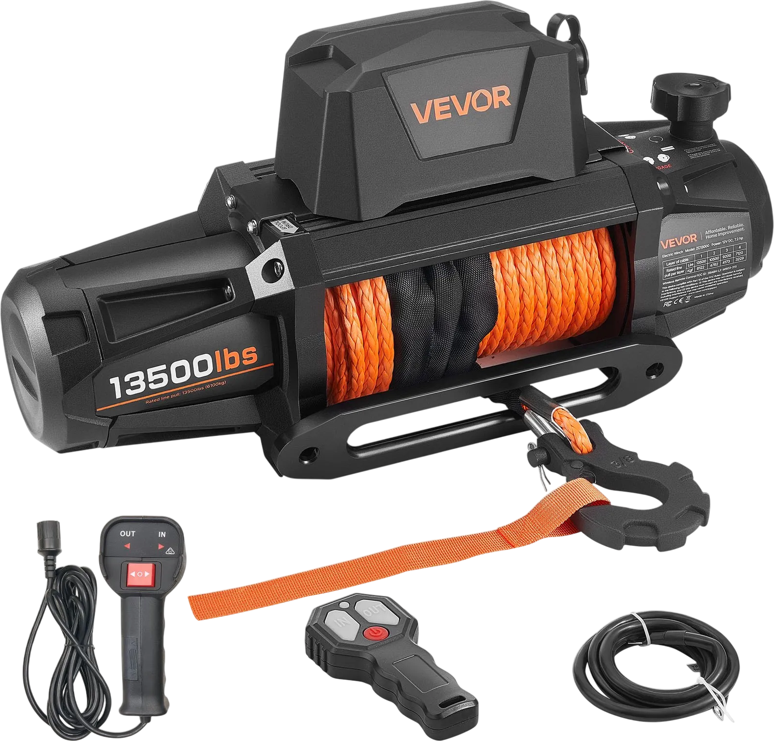 Vevor Electric Winch 13,500 lbs Load Capacity 92 ft. Synthetic Rope Remote Control 12V DC New