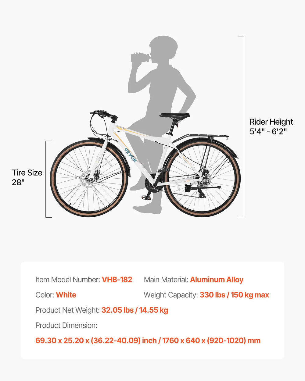Vevor Hybrid Bicycle Step-Over Frame with 24-Speed Drivetrain Rear Rack New
