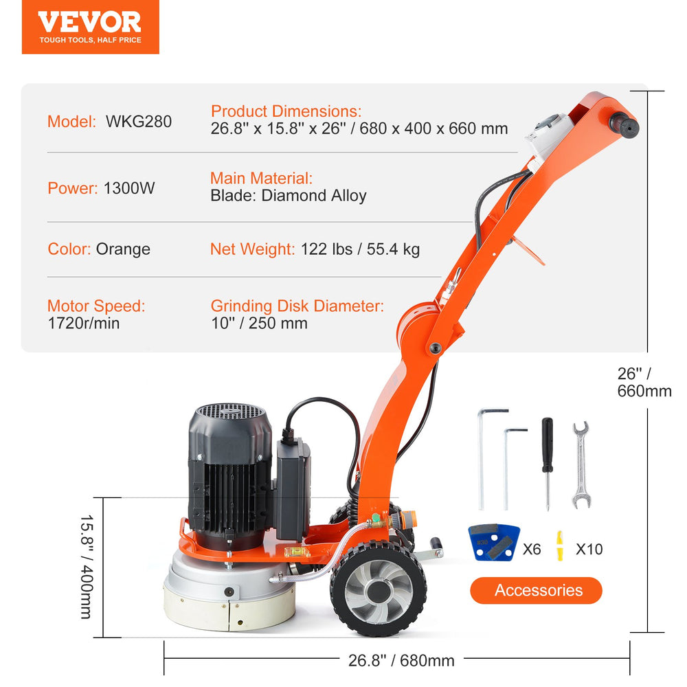 Vevor Electric Concrete Floor Grinder 10" Walk-Behind 1.7HP 1720 RPM New